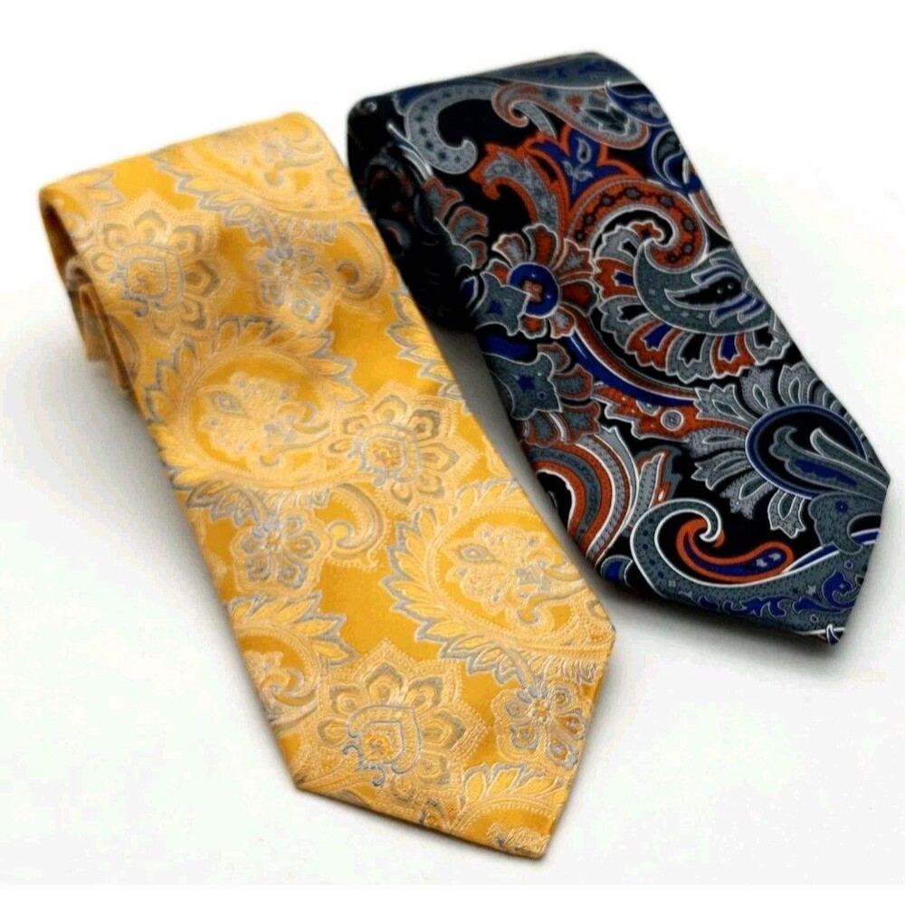 LKNW Lot of 2 Hart Schaffner Marx Cremieux Silk Ties Paisley Gold Black Multi
